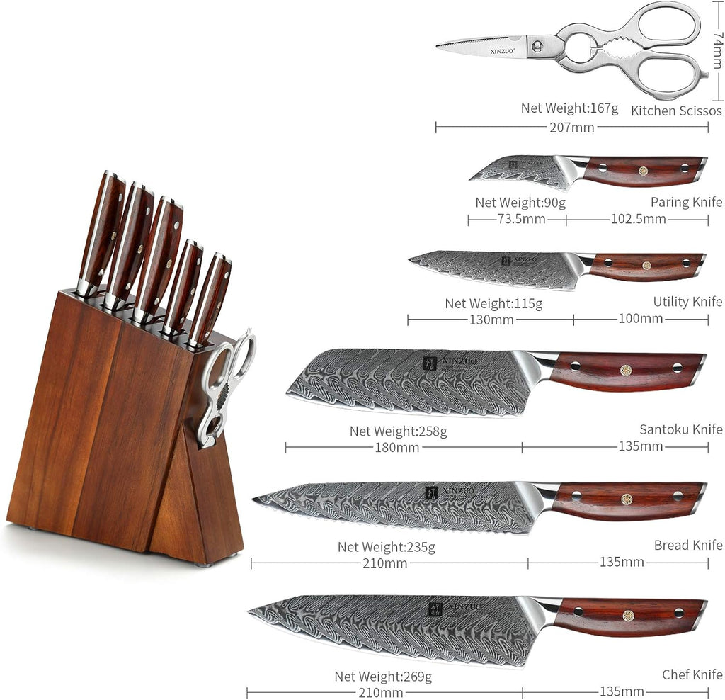 XINZUO 7PCS Knife Block Set,Professional Damascus Steel Chef Knife Santoku Bread Utility Fruit Knife with Multifunctional Kitchen Shears,Ergonomic Rosewood Handle