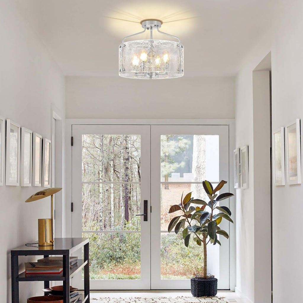 Brushed Nickel Semi Flush Mount Ceiling Lights, 15.3 inch Hammered Glass Entryway Hallway Light Fixtures, 4-Light Modern Drum Chandeliers for Dining Room Bedroom Bathroom Foyer
