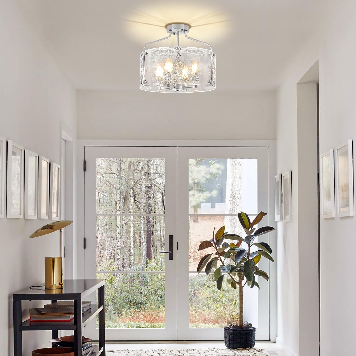 Brushed Nickel Semi Flush Mount Ceiling Lights, 15.3 inch Hammered Glass Entryway Hallway Light Fixtures, 4-Light Modern Drum Chandeliers for Dining Room Bedroom Bathroom Foyer