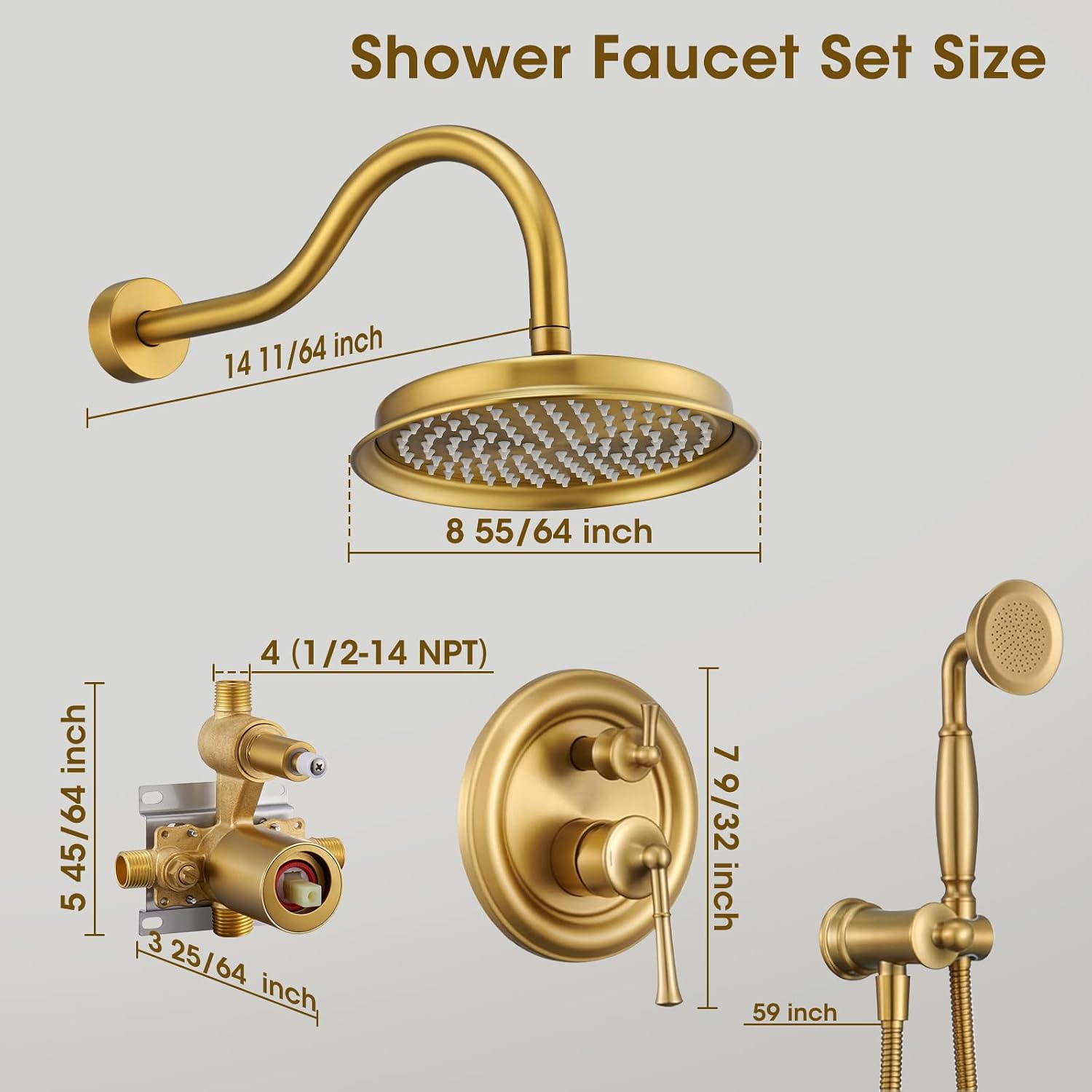 Rain Shower Head with Handheld Spray, Rainfall Shower System with Rough-in Valve, Luxury Shower Trim Kit Wall Mount, Brushed Gold