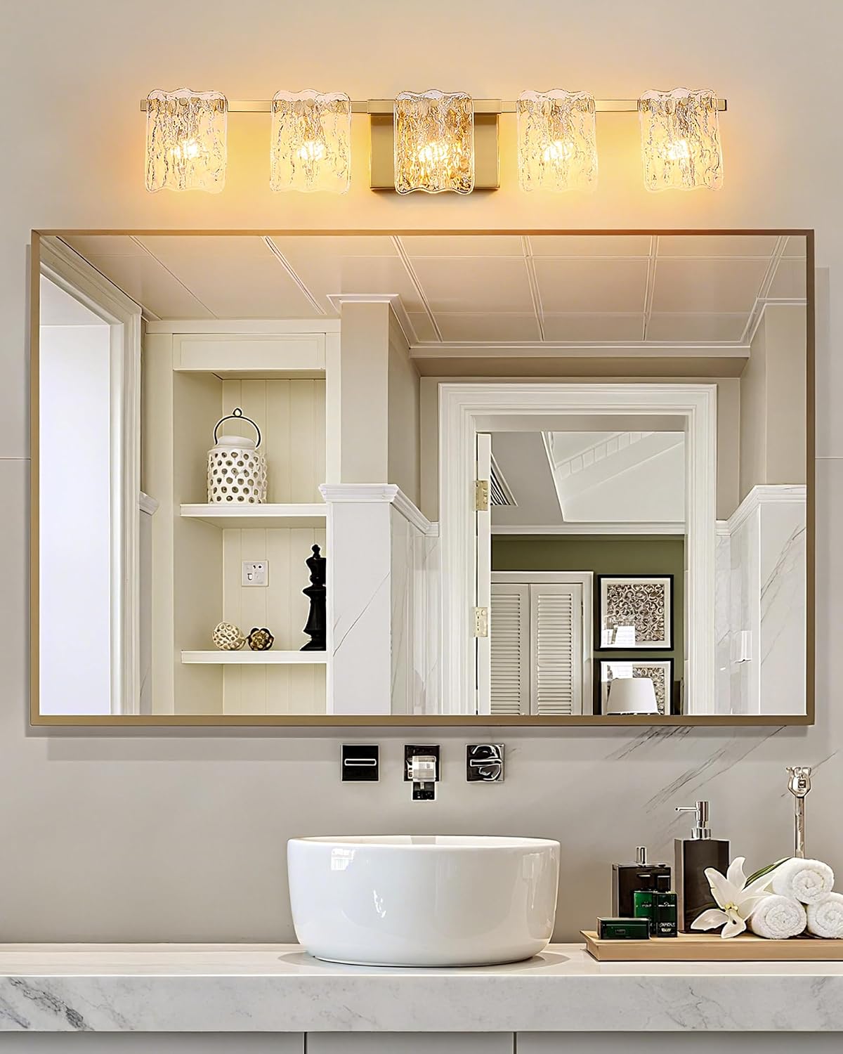 5-Light Bathroom Vanity Lights, 31' Brushed Gold Bathroom Light Fixtures Over Mirror with Clear Glass, Modern Bath Wall Sconce Lighting for Bath Restroom, OS-MM5002-5BG