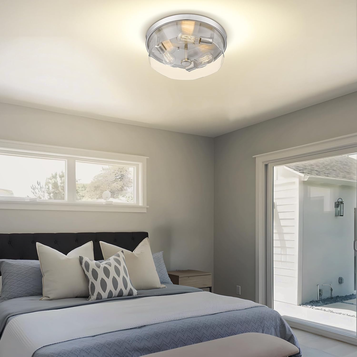 Brushed Nickel Flush Mount Ceiling Light, 3-Light Hallway Light Fixtures, Modern Farmhouse Farmhouse Ceiling Light Clear Glass for Kitchen Porch Entryway Indoor Outdoor