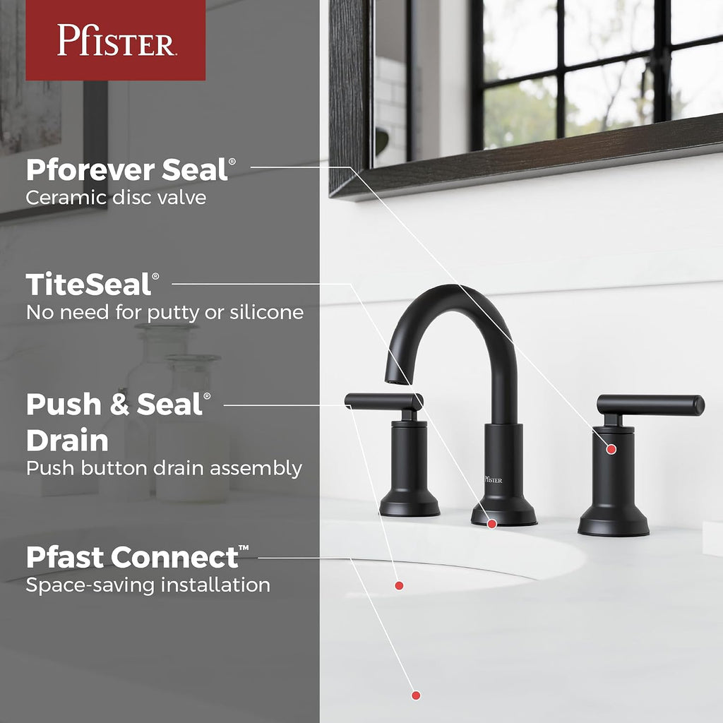 Pfister Capistrano Widespread 3 Hole Matte Black Bathroom Sink Faucet with 2 Handles Push & Seal Drain NSF Certified Spot Defense Finish Farmhouse Style Vanity LF049CSOSDB