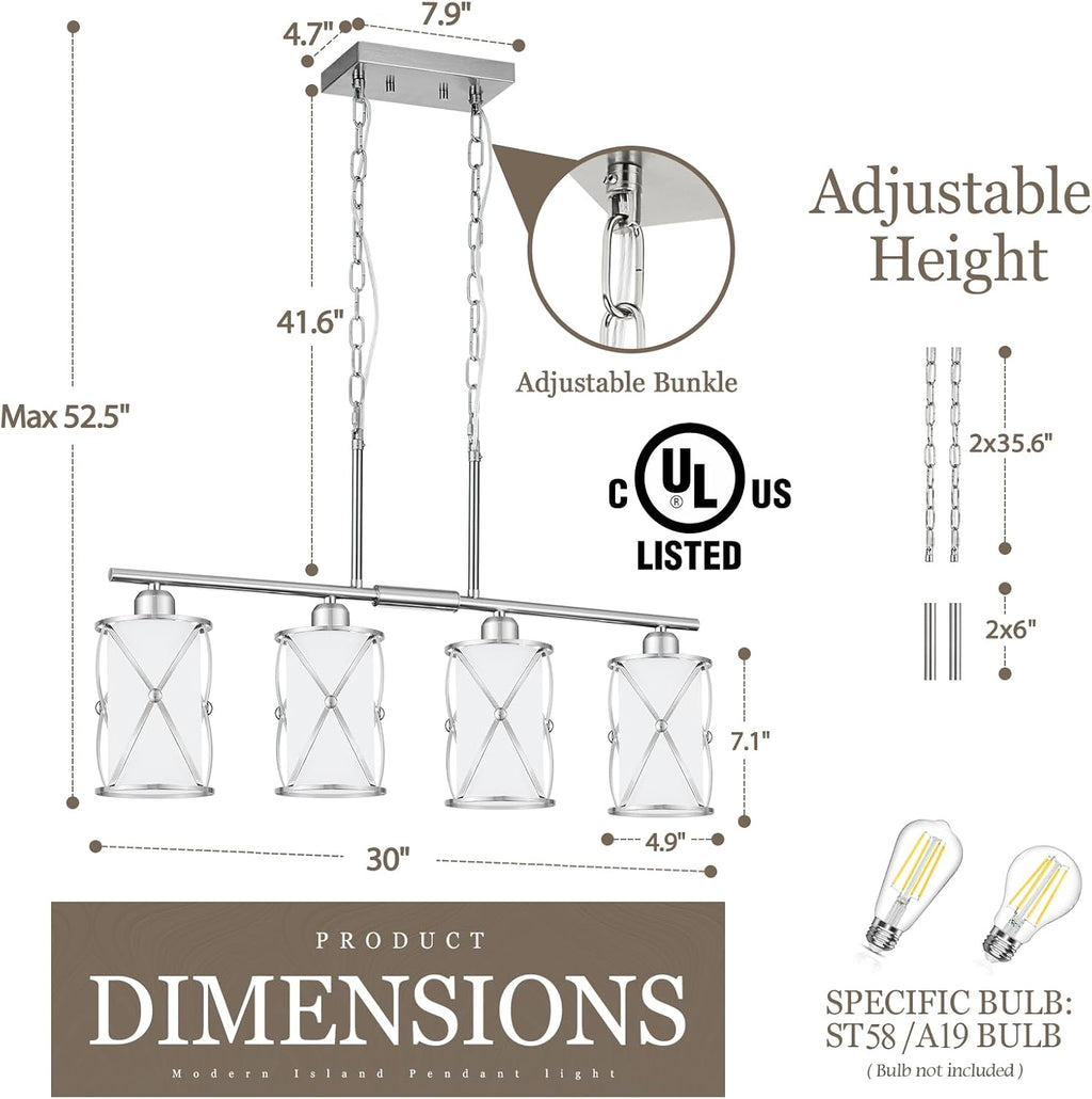 4-Light Kitchen Island Lighting, Linear Brushed Nickel Dining Room Light Fixtures with Milk Glass, Modern Industrial Chandelier Pendant Light for Kitchen Island Dining Room, CH9176BNW-4IS