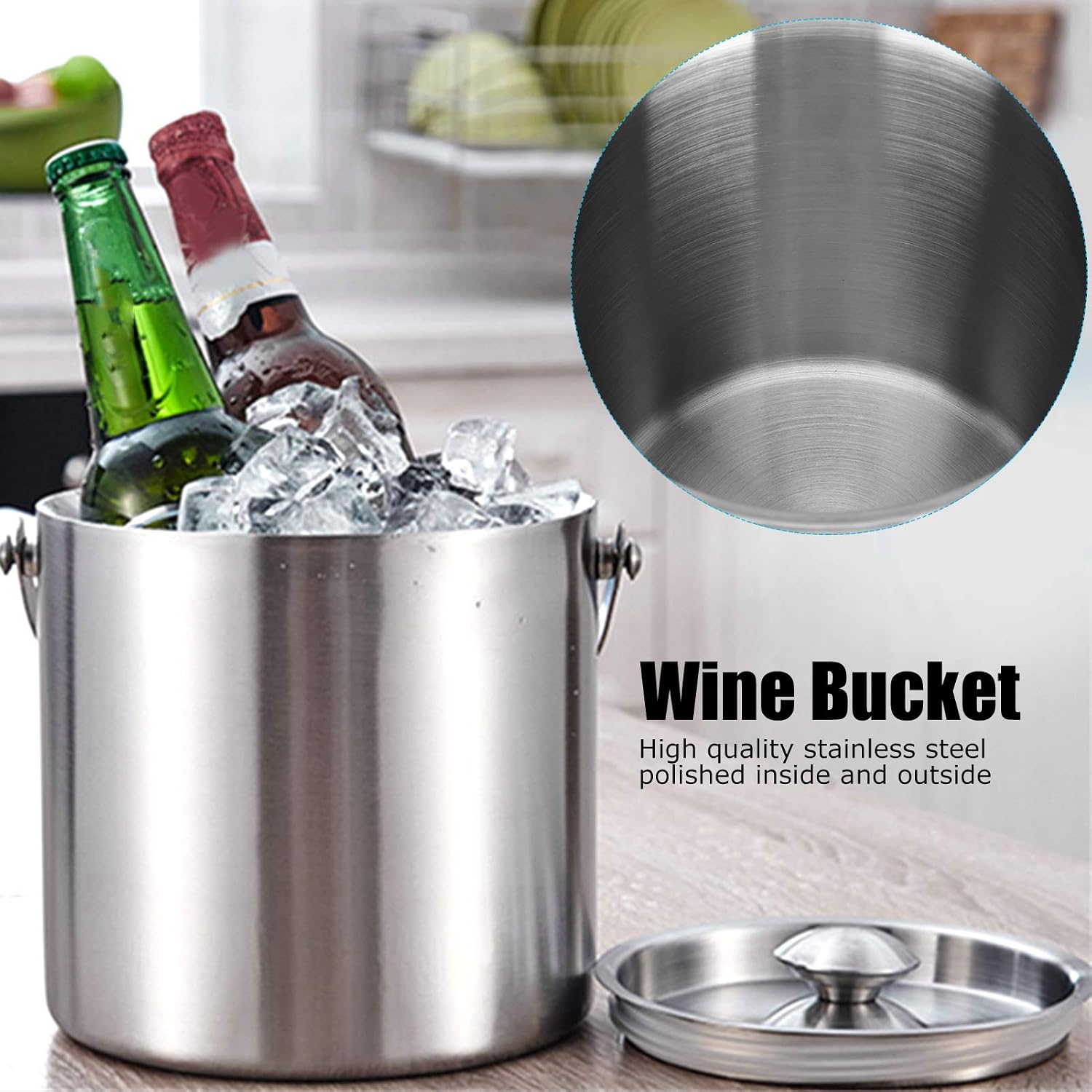 ice Bucket,Bucket with lid, Ice Buckets for Parties Stainless Steel with Lid, Champagne Bucket, 3L with Lid Portable Double-Wall Ice Barrel Bar Area for Bar Hotel Party Use