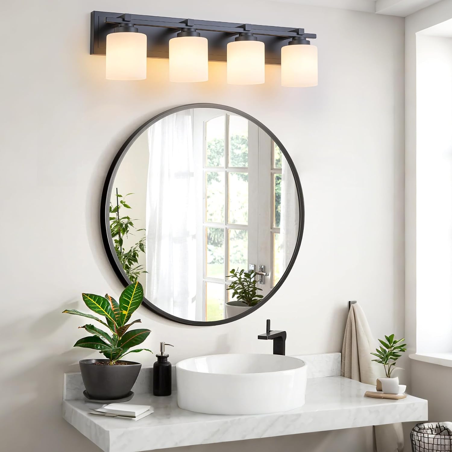 Modern Bathroom Light Fixtures Over Mirror, Vanity Lights for Bathroom Wall Sconces with Milky White Glass Shades, E26 Socket (Bulbs Not Included), 4 Light, Black