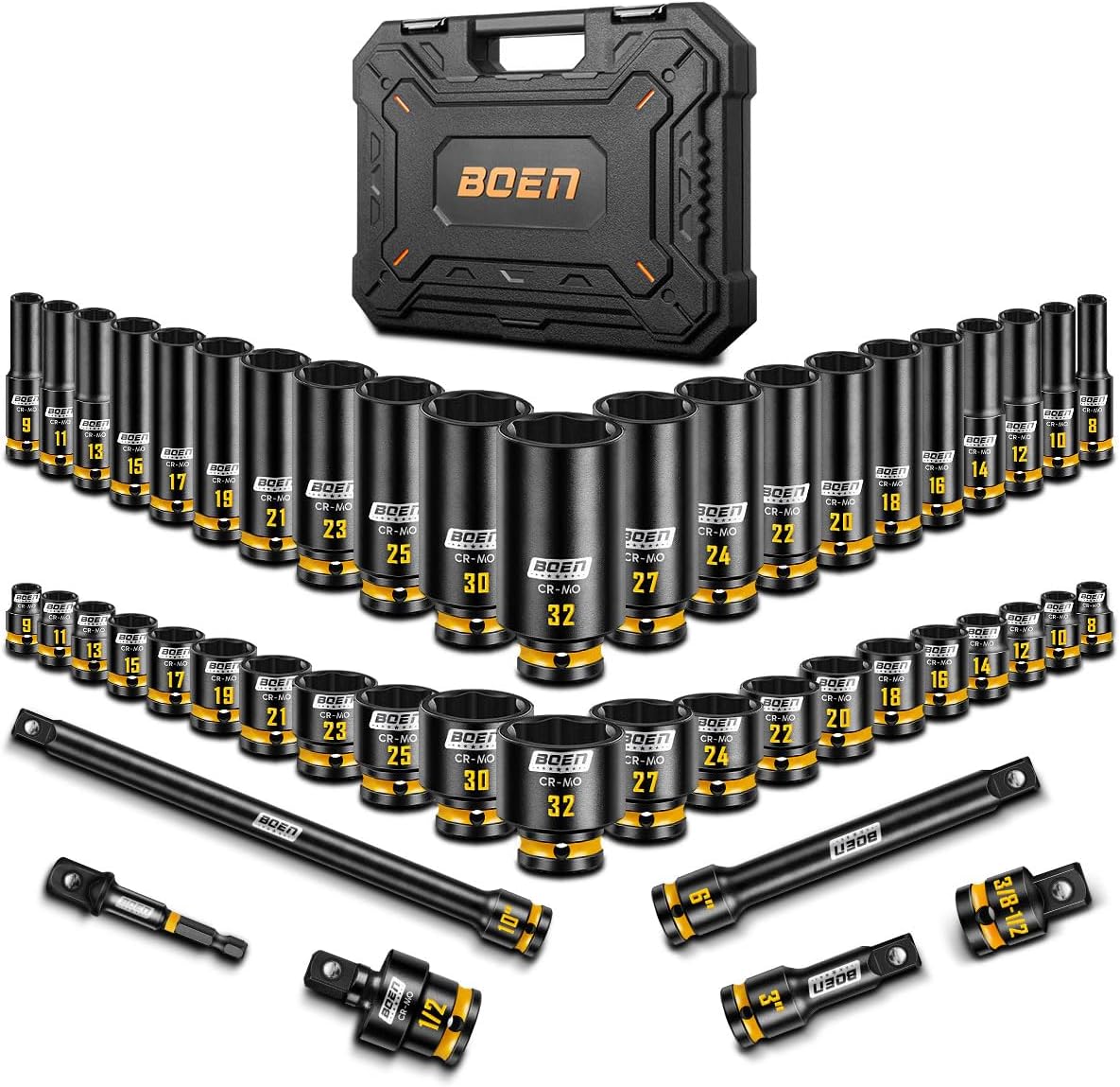 boen 48PCS 1/2' Drive Metric Socket Set, Impact Deep&Shollow Socket(8mm-32mm), for Lug Nut Use, 6-Point with Yellow Embossed Marking, CR-MO