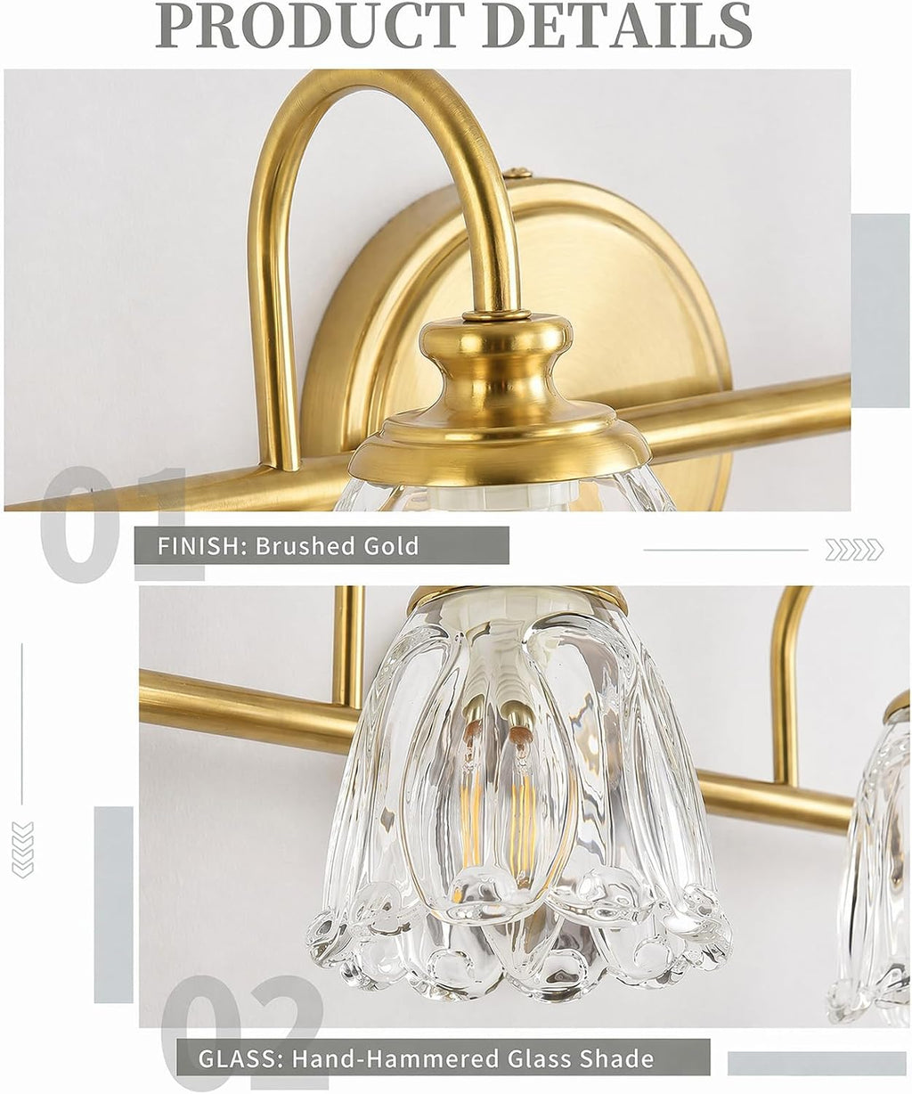 Bathroom Light Fixtures, 4 Light Brushed Gold Vanity Lights for Bathroom with Clear Tulip Crystal Glass Shade, 27 in Vintage Bathroom Vanity Lights Over Mirror for Bedroom, Living Room, Hallway