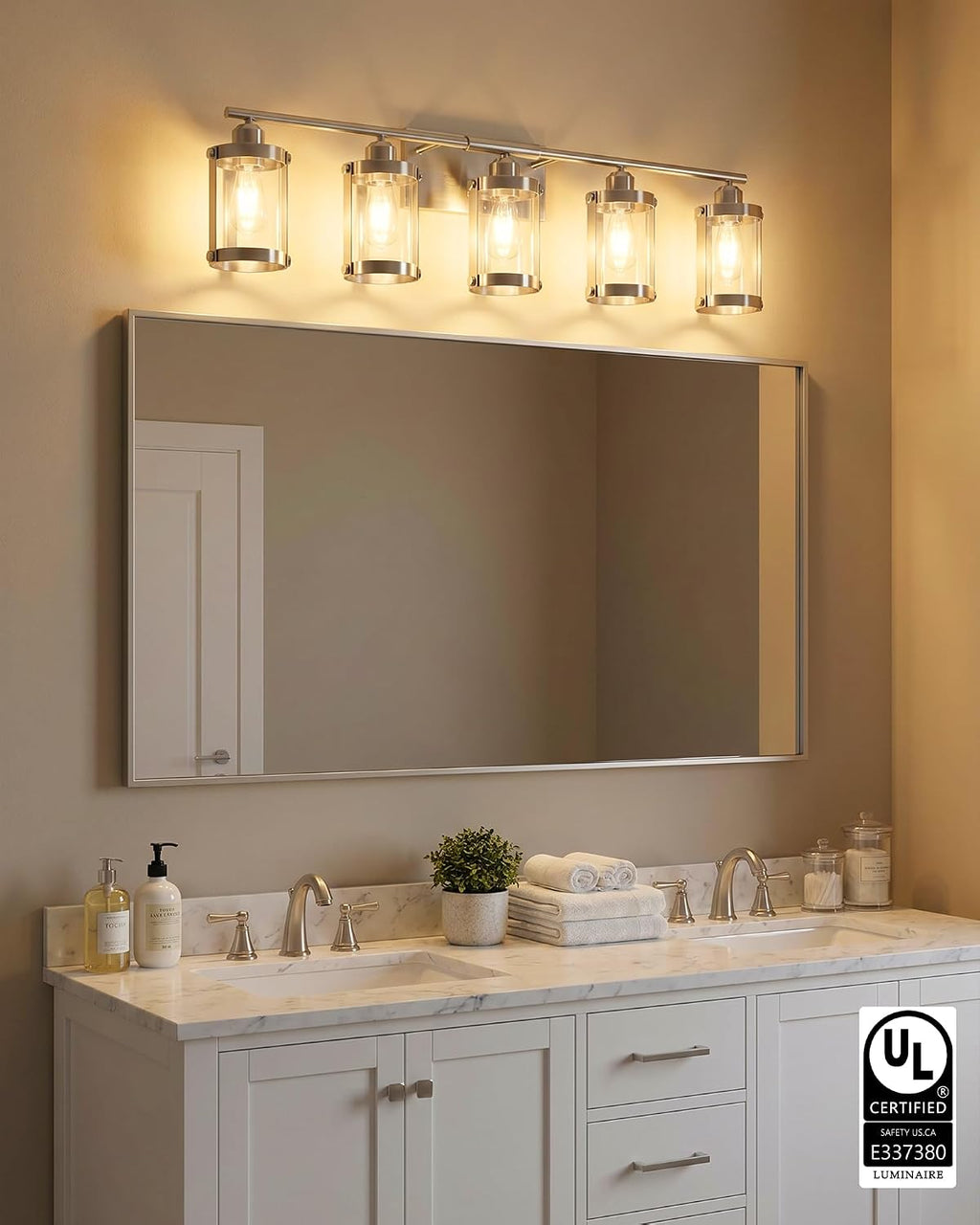 5-Light Brushed Nickel Bathroom Light Fixtures Over Mirror with Clear Glass and Metal Cage Shade, 38' UL-Listed Modern Farmhouse Wall Sconce for Bath, Hardwire E26, OS-3014BN-5W