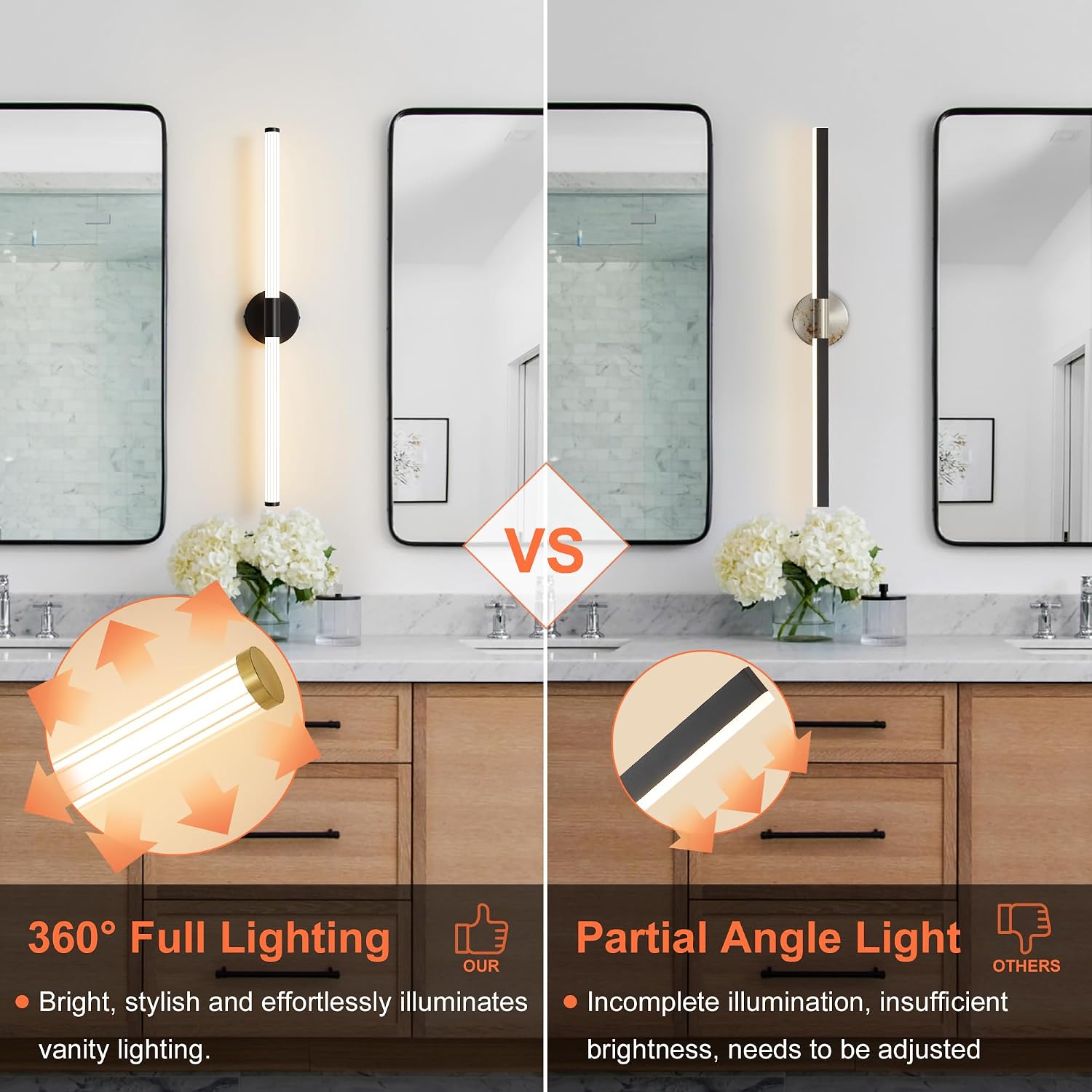 Bathroom Wall Sconces Set of 2 Hardwired Dimmable 5CCT LED Bathroom Light Fixtures Over Mirror 360° Full Lighting 31' Long Vanity Light Bar Modern Black Wall Sconce for Bath Bedroom Living Room