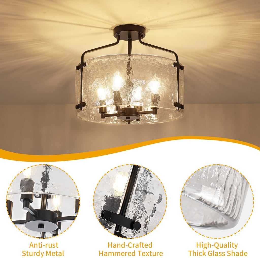 Black Semi Flush Mount Ceiling Lights, Modern Hammered Glass Entryway Hallway Light Fixtures 4-Light Drum Chandelier for Dining Room Bathroom Bedroom Kitchen Foyer Lighting