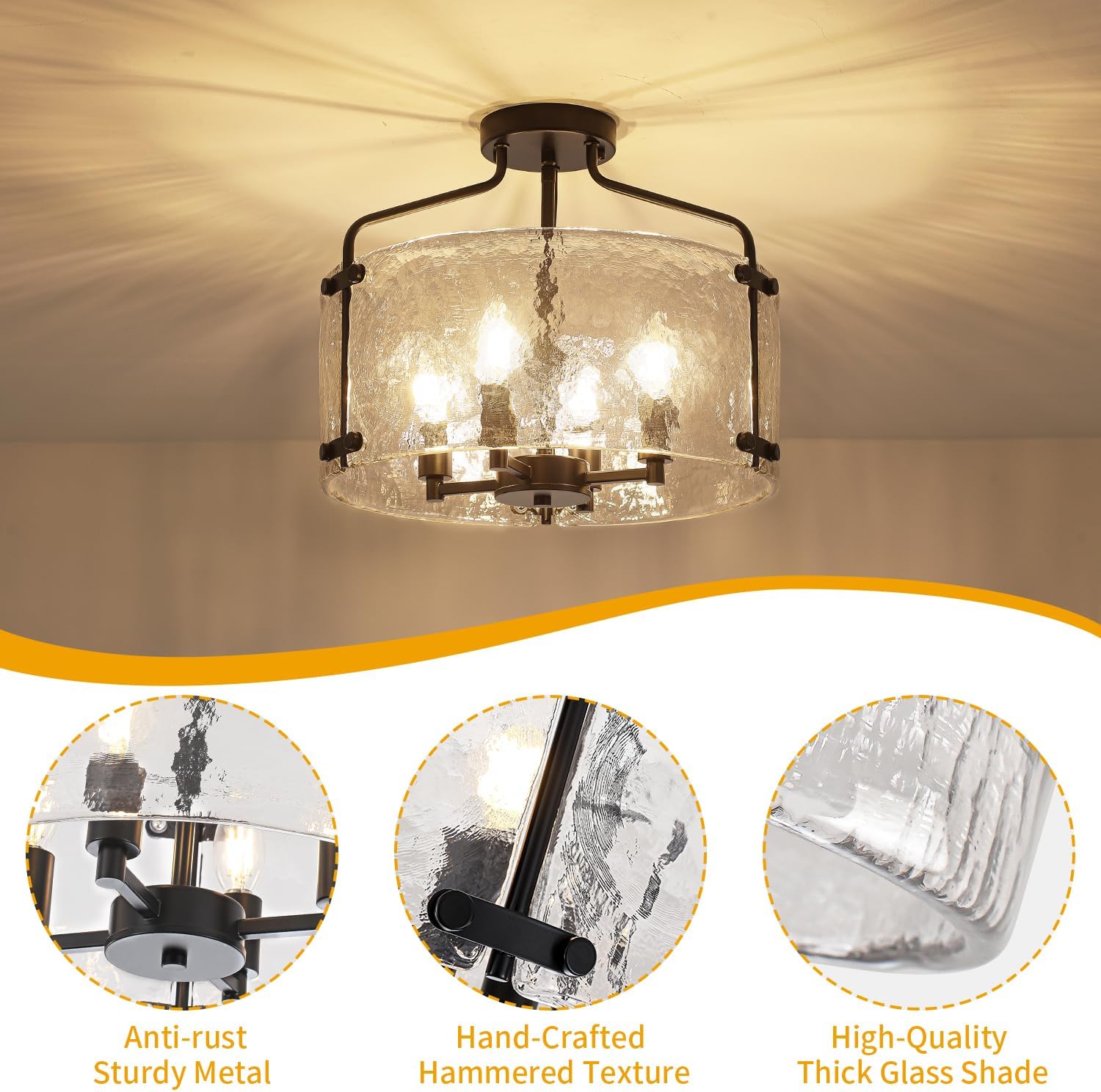 Black Semi Flush Mount Ceiling Lights, Modern Hammered Glass Entryway Hallway Light Fixtures 4-Light Drum Chandelier for Dining Room Bathroom Bedroom Kitchen Foyer Lighting