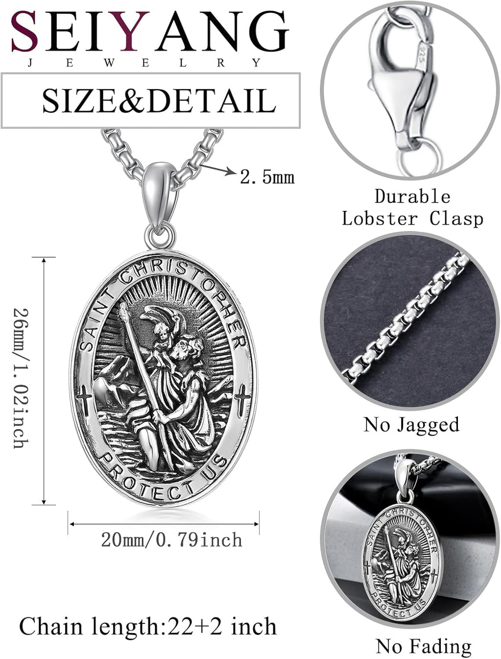 Seiyang St Christopher Medal for Men 925 Sterling Silver Round & Oval St Christopher Pendant Mens Double Sided Saint Christopher Medallion Necklace Protection Jewelry Religious Gifts for Men Women