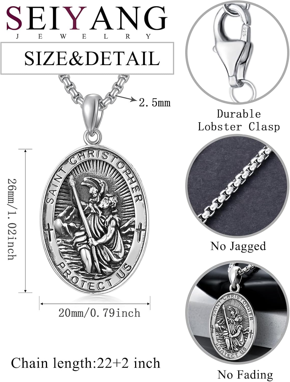 Seiyang St Christopher Medal for Men 925 Sterling Silver Round & Oval St Christopher Pendant Mens Double Sided Saint Christopher Medallion Necklace Protection Jewelry Religious Gifts for Men Women