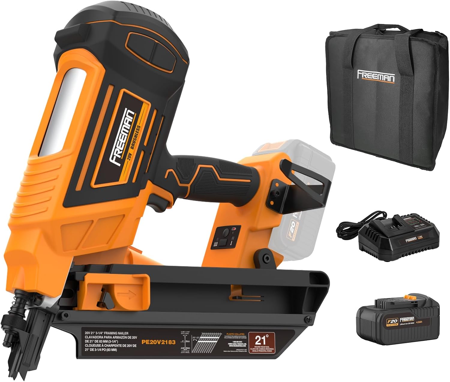 Freeman F20 20V Cordless 21 Degree 3-1/4' Framing Nailer - Brushless Motor, Dual Firing Mode, Tool-free Depth Adjust - Includes 4.0Ah Lithium Ion Battery, Charger & Bag - PE20V2183