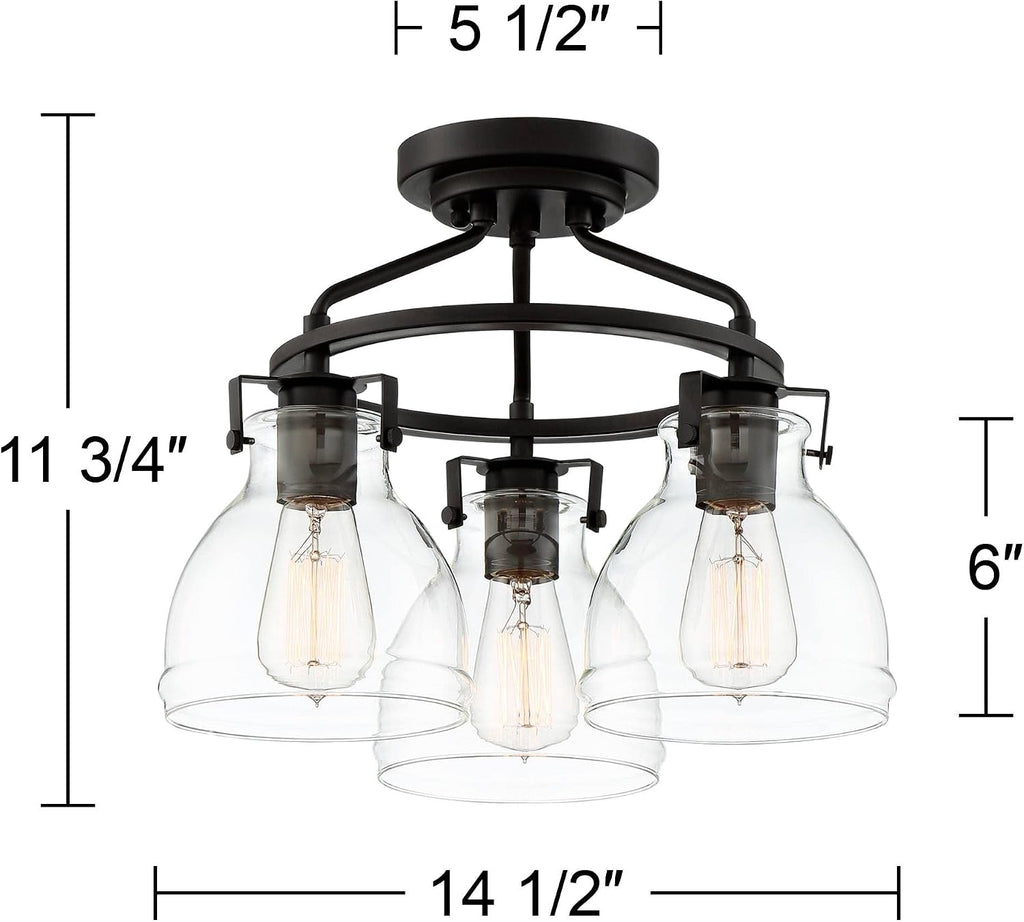 Possini Euro Design Bellis Industrial Rustic Farmhouse Ceiling Light Semi Flush-Mount Fixture 14 1/2' Wide Bronze 3-Light Clear Glass Shade for Bedroom Kitchen Living Room Hallway Dining Room House