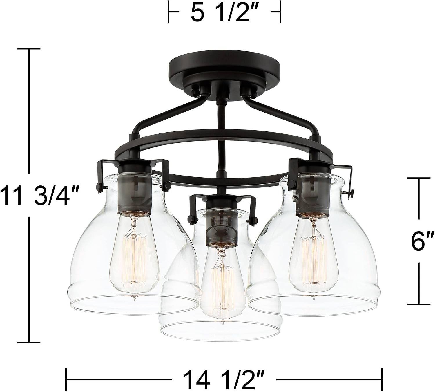 Possini Euro Design Bellis Industrial Rustic Farmhouse Ceiling Light Semi Flush-Mount Fixture 14 1/2' Wide Bronze 3-Light Clear Glass Shade for Bedroom Kitchen Living Room Hallway Dining Room House