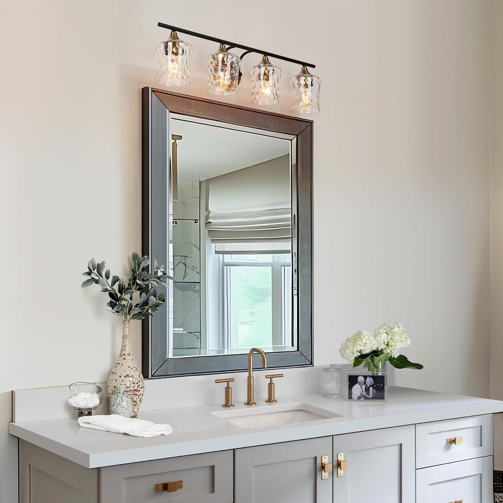KSANA 28' Large Bathroom Vanity Lights, 4 Light Mid-Century Modern Vanity Light with Textured Glass Shade Black and Electroplated Brass Bathroom Light Fixtures for Hallway, Entryway