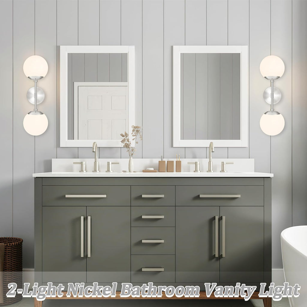 KoKo&Yukina Nickel 2 Pack Vanity Light Fixtures Mid Century Modern Bathroom Vanity Light Globe Sconce with Milky White Glass for Bathroom Bedroom
