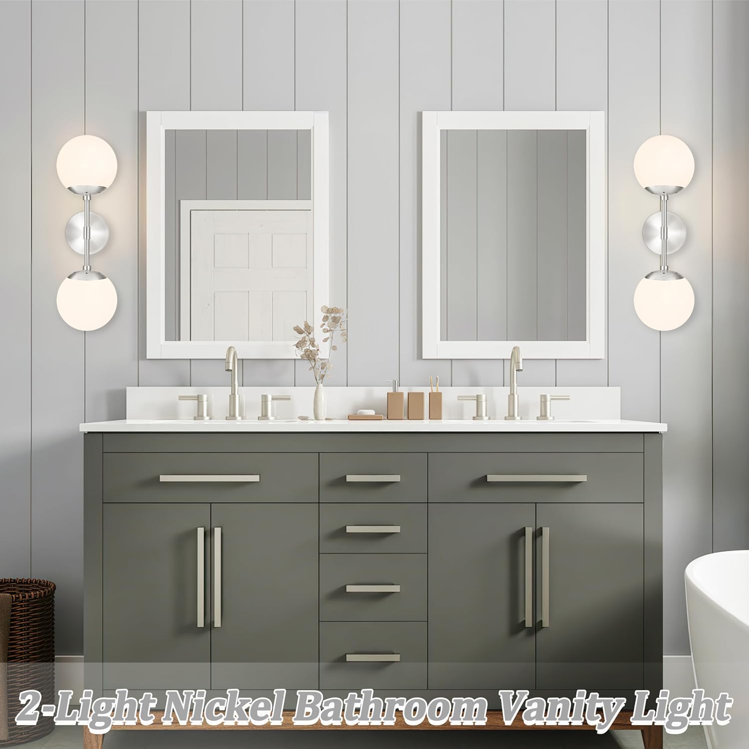 KoKo&Yukina Nickel 2 Pack Vanity Light Fixtures Mid Century Modern Bathroom Vanity Light Globe Sconce with Milky White Glass for Bathroom Bedroom