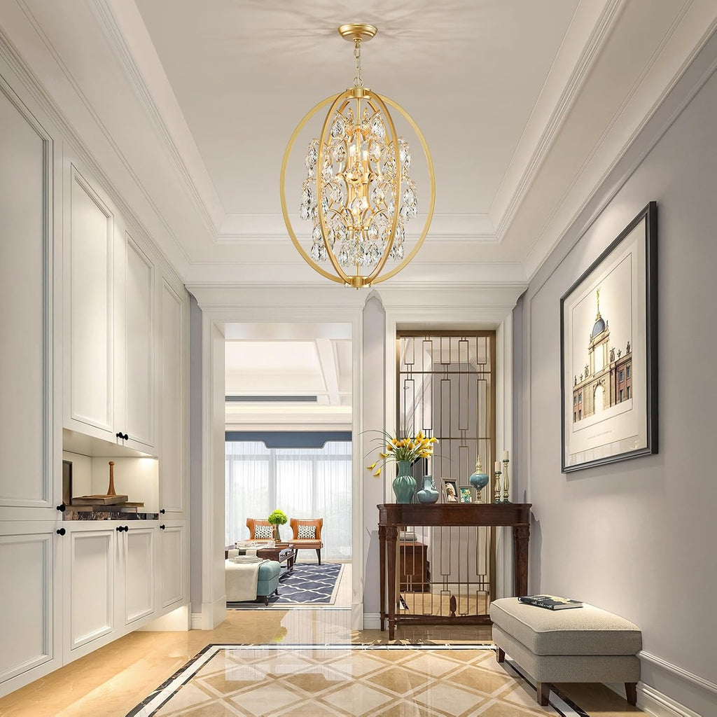 WUZUPS Globe Crystal Chandelier Raindrop Pendant Flushmount Ceiling Light Modern Lighting Fixture for Bedroom Hallway Bar Kitchen Bathroom, H 23.6' x W 19.7', Gold, 8 E12 Base