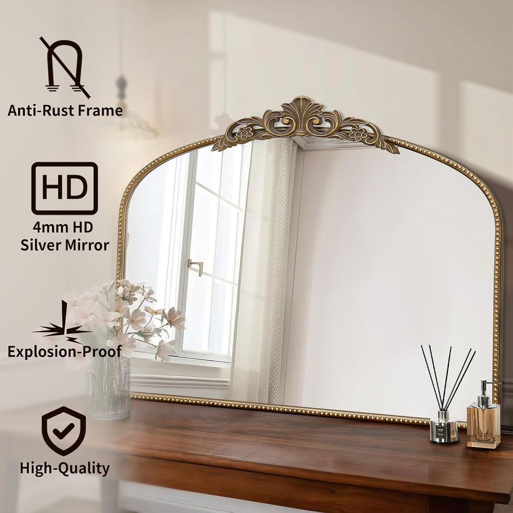 Micasso Large Vintage Gold Mirror: 40'x29' French Baroque Antique Arched Mirror - Traditional Ornate Decorative for Wall/Fireplace/Mantel/Entryway/Bathroom/Hallway - Home Decor for Living Room