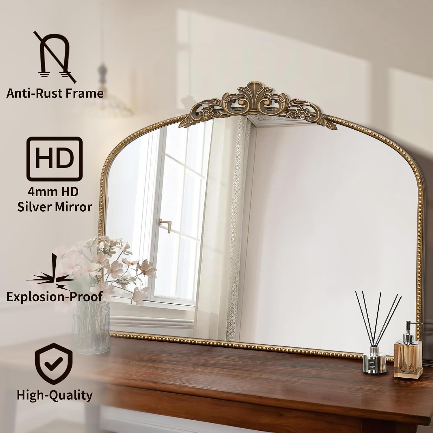 Micasso Large Vintage Gold Mirror: 40'x29' French Baroque Antique Arched Mirror - Traditional Ornate Decorative for Wall/Fireplace/Mantel/Entryway/Bathroom/Hallway - Home Decor for Living Room
