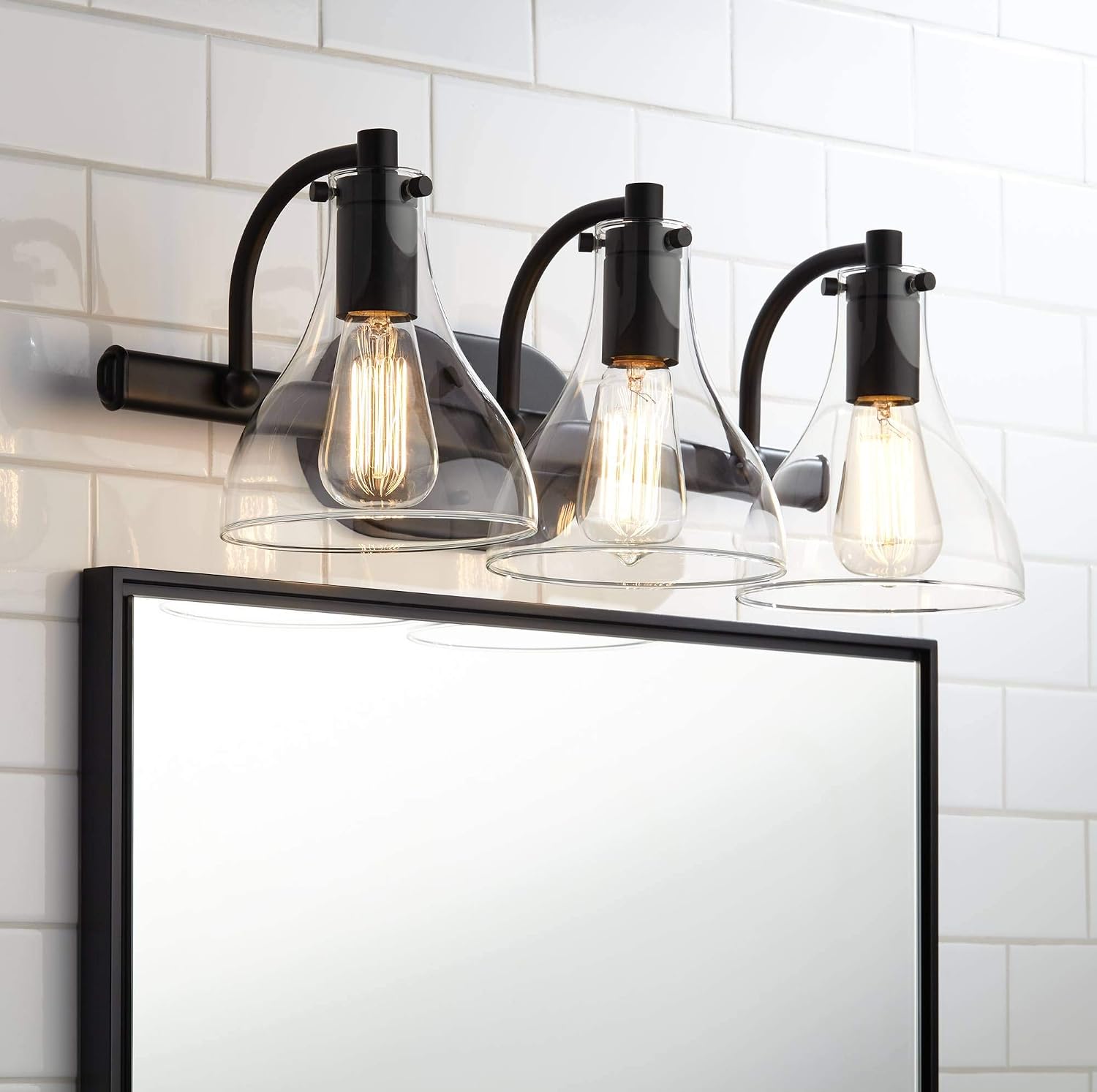 Possini Euro Design Sorren Industrial Modern Wall Light Black Metal Hardwired 20 1/2' 3-Light Fixture Curving Clear Glass Shade for Bedroom Bedside Bathroom Vanity Living Room Hallway Dining House