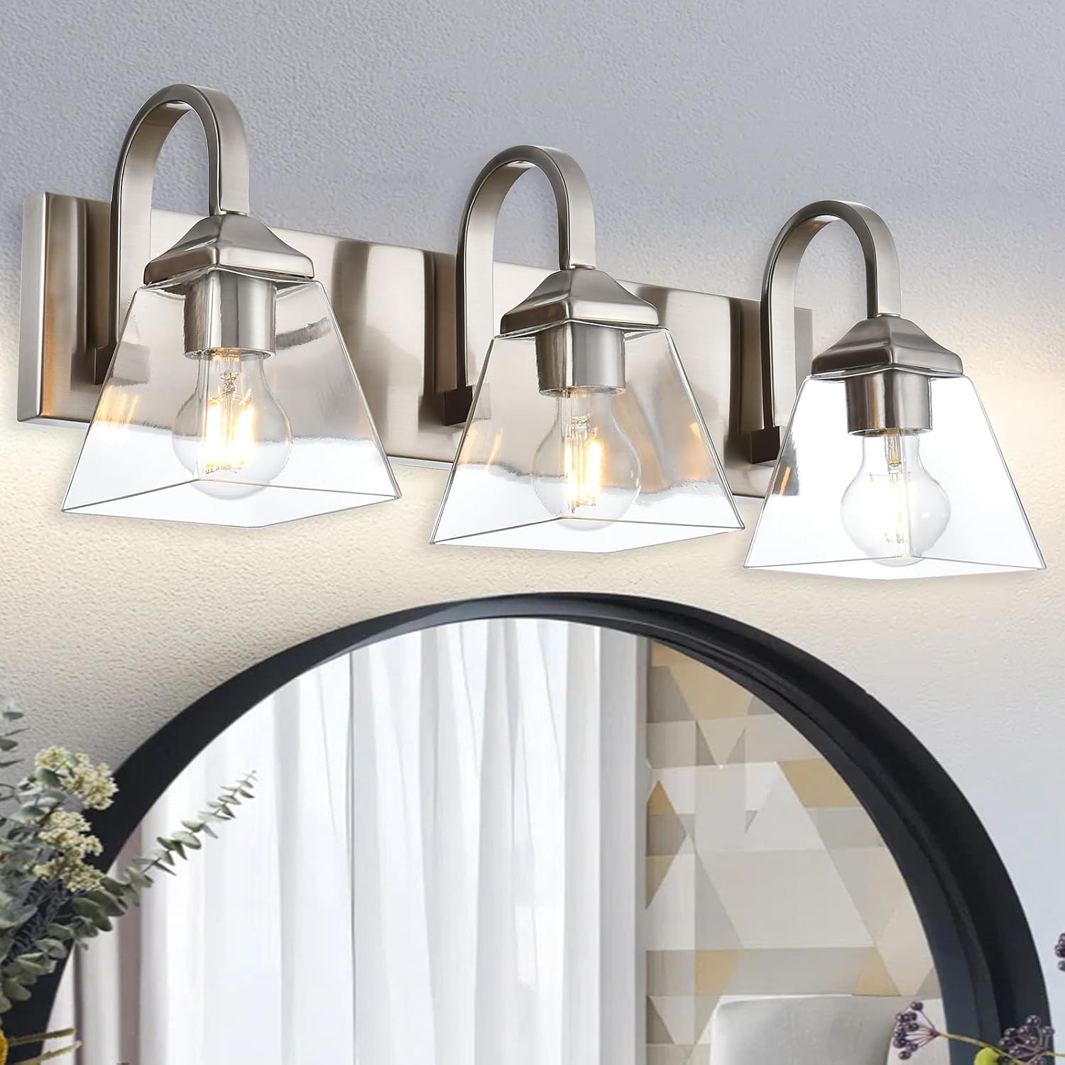 Bathroom Light Fixtures,3 Light Modern Brushed Nickel Vanity Lights Over Mirror Industrial Wall Sconce Lighting with Clear Glass Shades for Bathroom, Vanity Table, Living Room Hallway