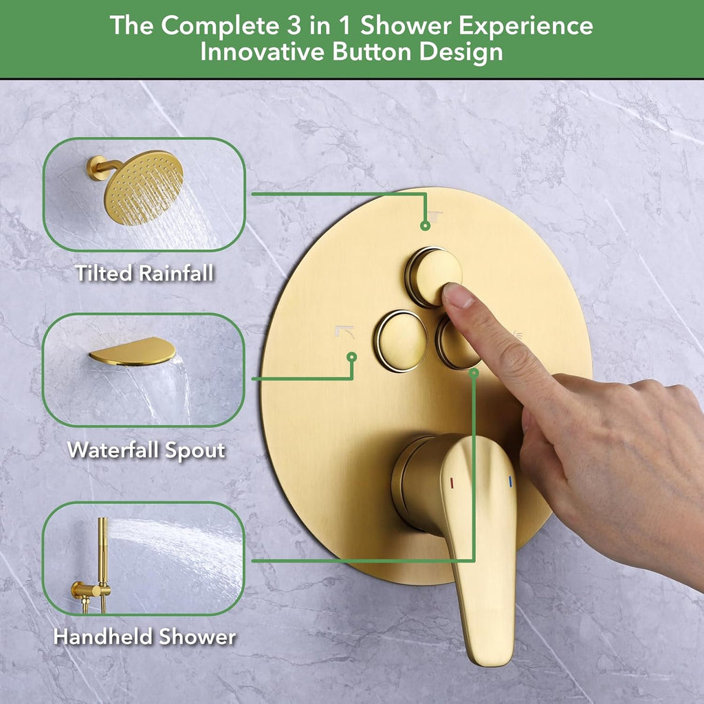 VANFOXLE Shower Faucet Set Brushed Gold Shower System,Push Button Diverter Shower Faucet with 2 in 1 Handheld,Wall Mount 8 Inch Shower Head with 9 Inch Bathtub Waterfall Spout