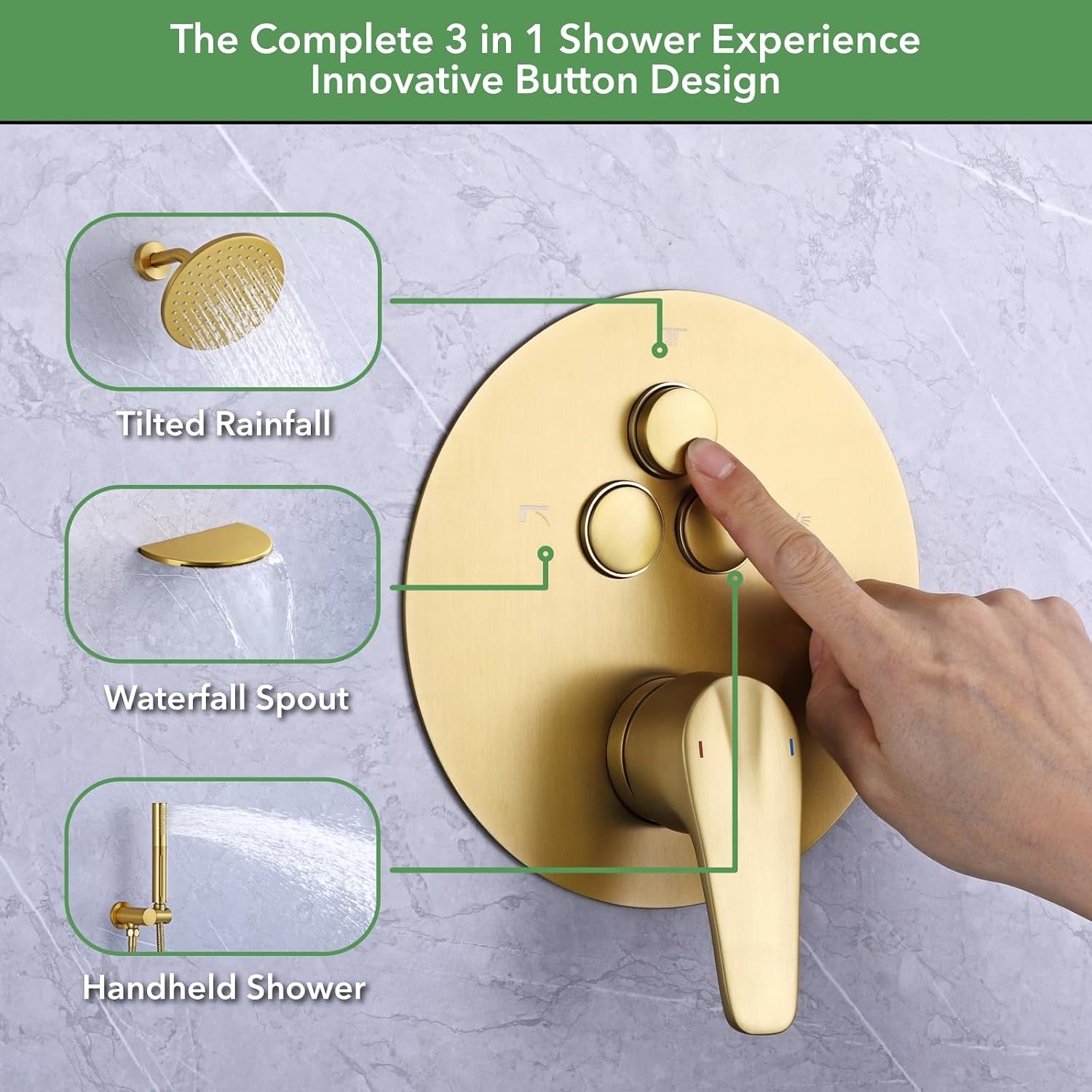 VANFOXLE Shower Faucet Set Brushed Gold Shower System,Push Button Diverter Shower Faucet with 2 in 1 Handheld,Wall Mount 8 Inch Shower Head with 9 Inch Bathtub Waterfall Spout
