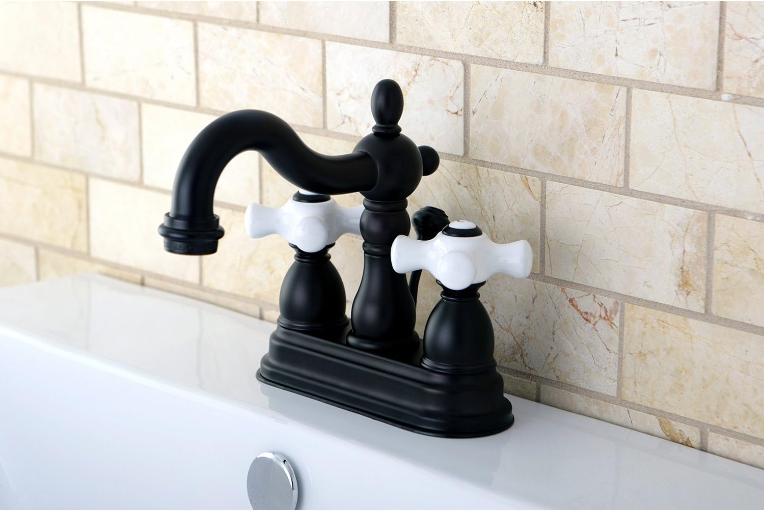 Kingston Brass KB1605PX Heritage 4-Inch Centerset Lavatory Faucet with Porcelain Cross Handle, Oil Rubbed Bronze , Oil-Rubbed Bronze