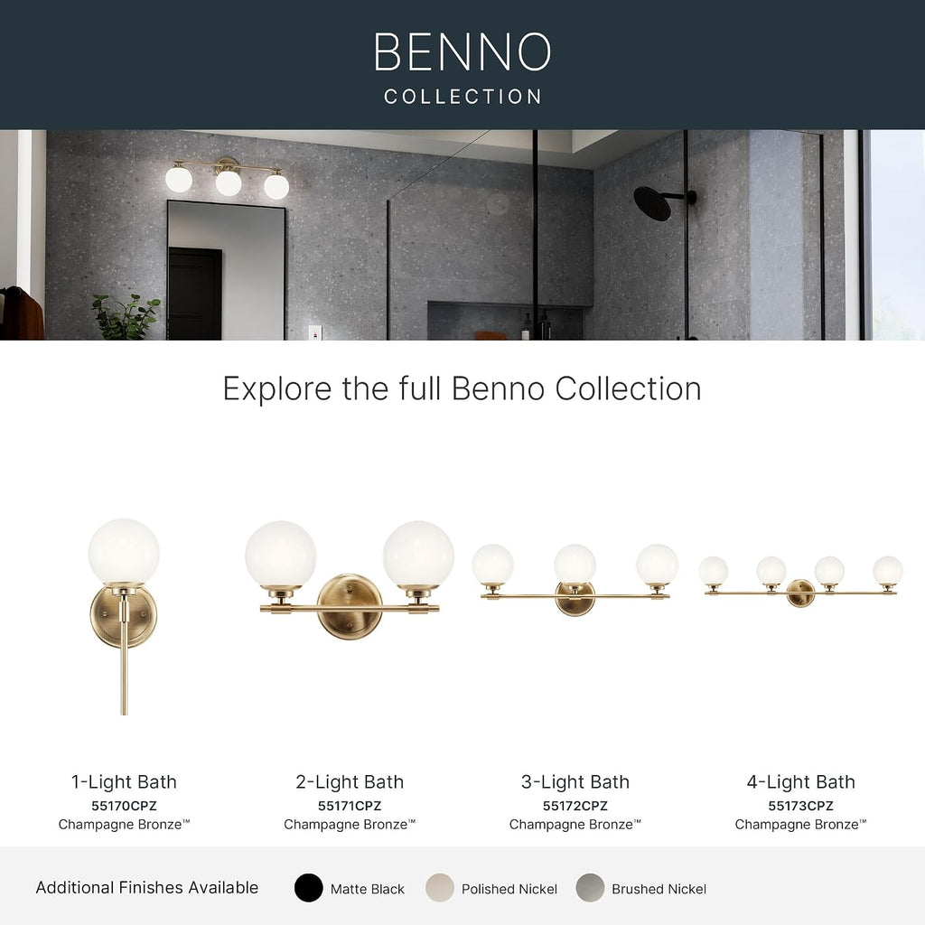 Kichler Benno 3-Light Bathroom Vanity Light Fixture, Modern Wall Mount with Opal Glass in Champagne Bronze, for Bathroom or Powder Room (8.75' x 24.5'), 55172CPZ