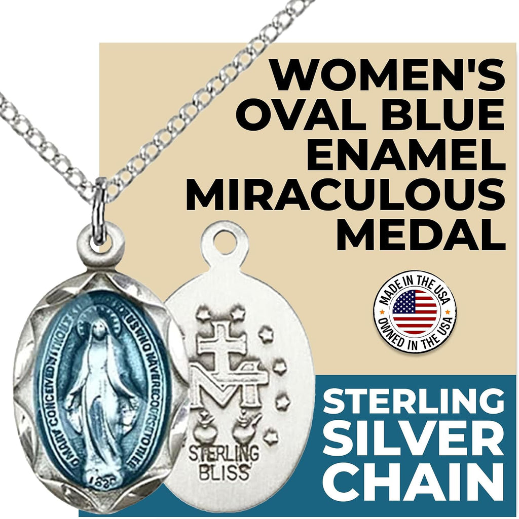 Heartland Store Women's Oval Blue Enamel Miraculous Medal Necklace - 18' Sterling Silver Chain - Elegant Religious Jewelry for Faith and Devotion - USA Made