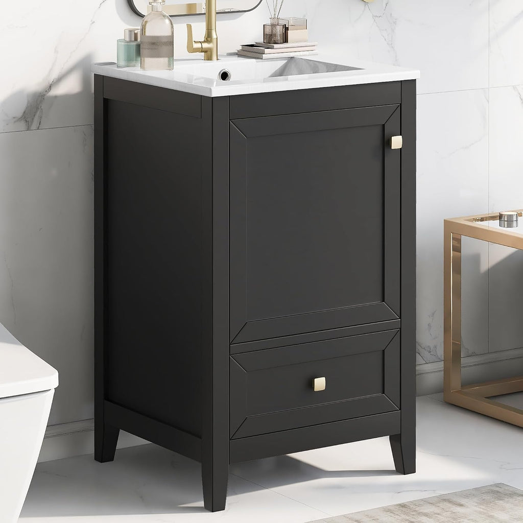 Bellemave 20-inch Solid Wood Bathroom Vanity with Sink, Free Standing Cabinet, Soft Closing Door, Storage Rack, Drawer, Black
