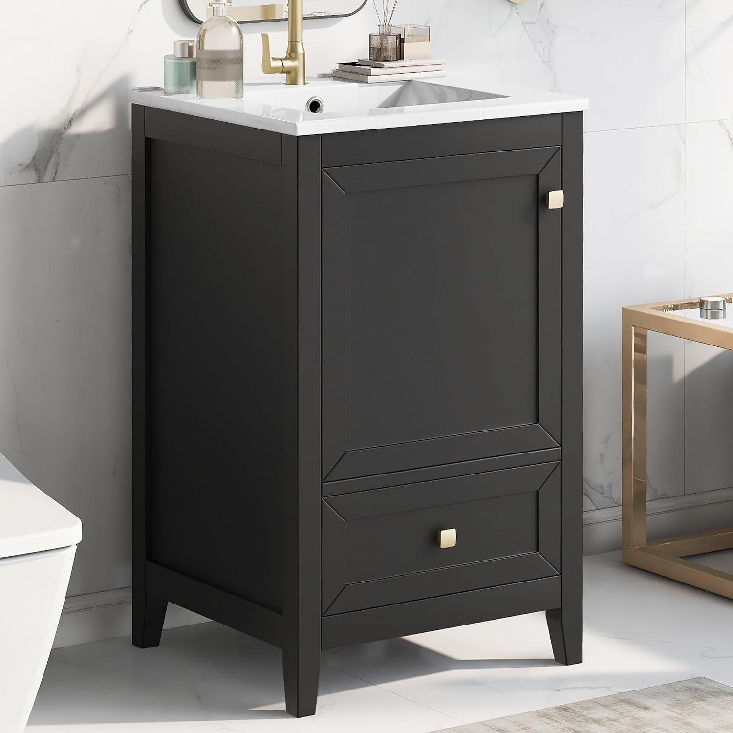 Bellemave 20-inch Solid Wood Bathroom Vanity with Sink, Free Standing Cabinet, Soft Closing Door, Storage Rack, Drawer, Black