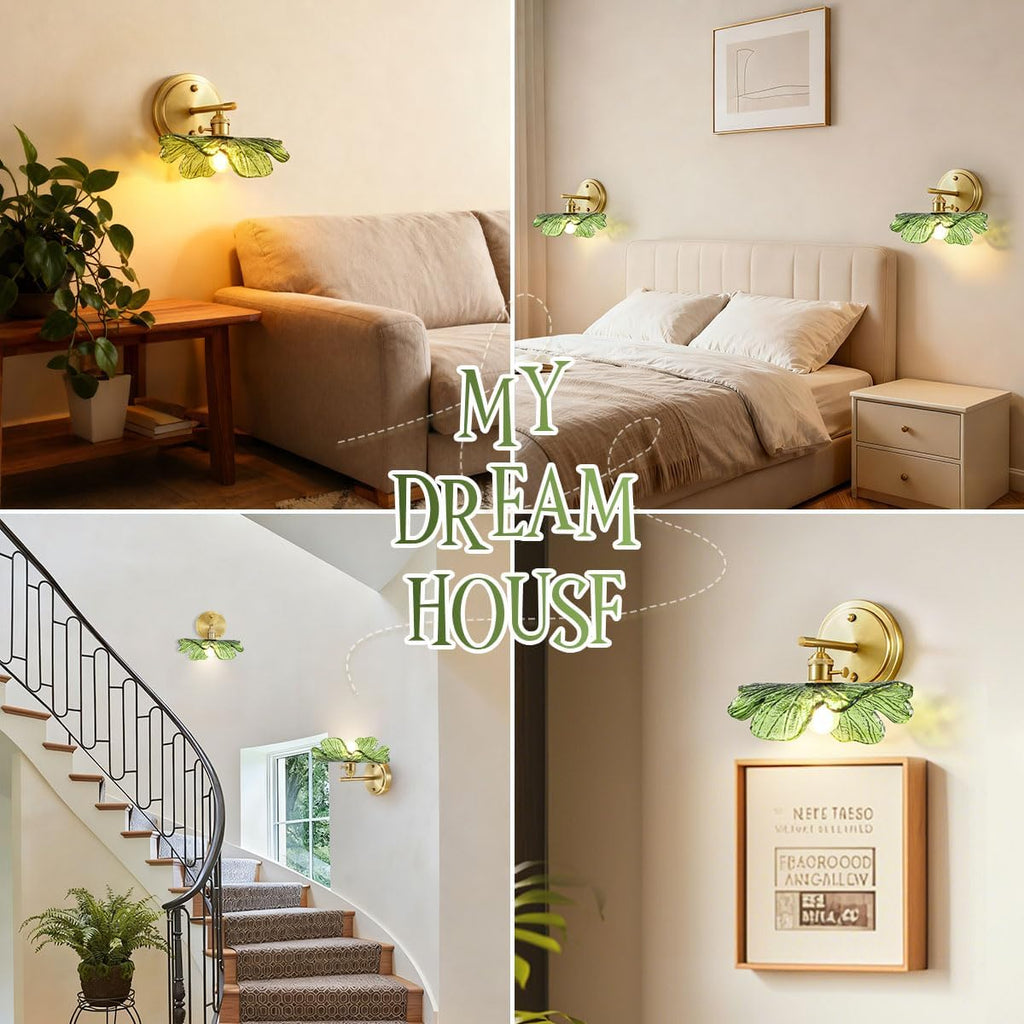 Green Glass Sconce 2 Light Leaf Bathroom Vanity Light Mid Century | Vintage Wall Sconces Set of 2 Gold Wall Lamp, E26 Brass Base, Vanity Light fixtures, Living Room Hallway Entryway