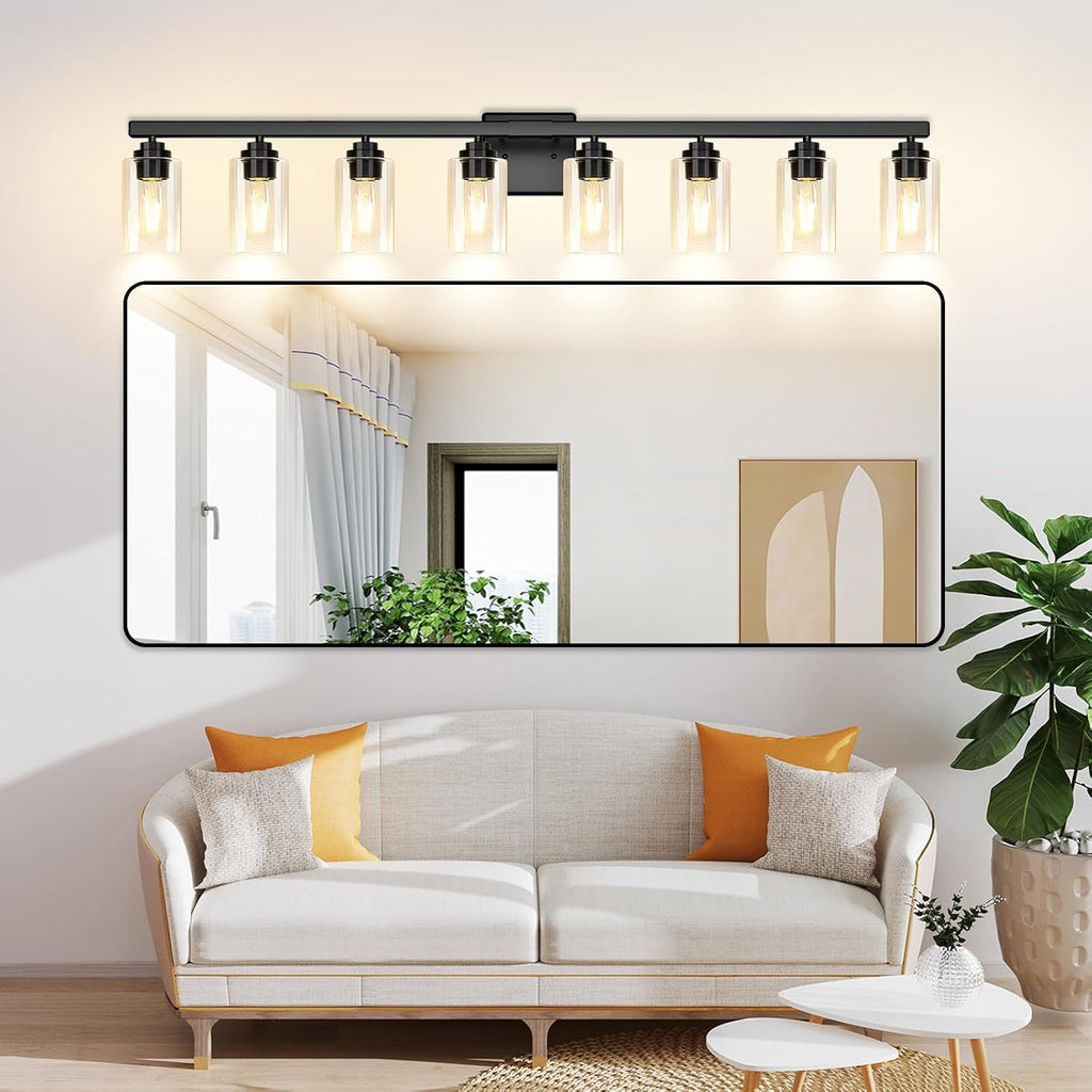 8-Light Bathroom Light Fixtures, 51' Modern Vanity Lights Over Mirror with Clear Glass Shades, Matte Black Light Fixture, Classic Wall Light Fixture for Mirror Living Room Cabinet Bedroom Porch