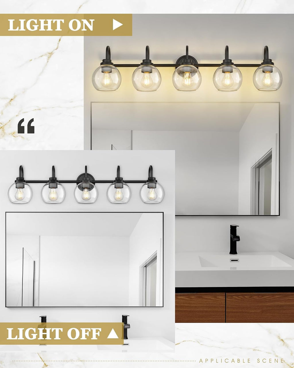 Bathroom Light Fixtures, 5-Light Matte Black Vanity Lights with Globe Clear Glass, 35 Inch Modern Vanity Lighting Fixtures Over Mirror, AD-22280-5W-BK