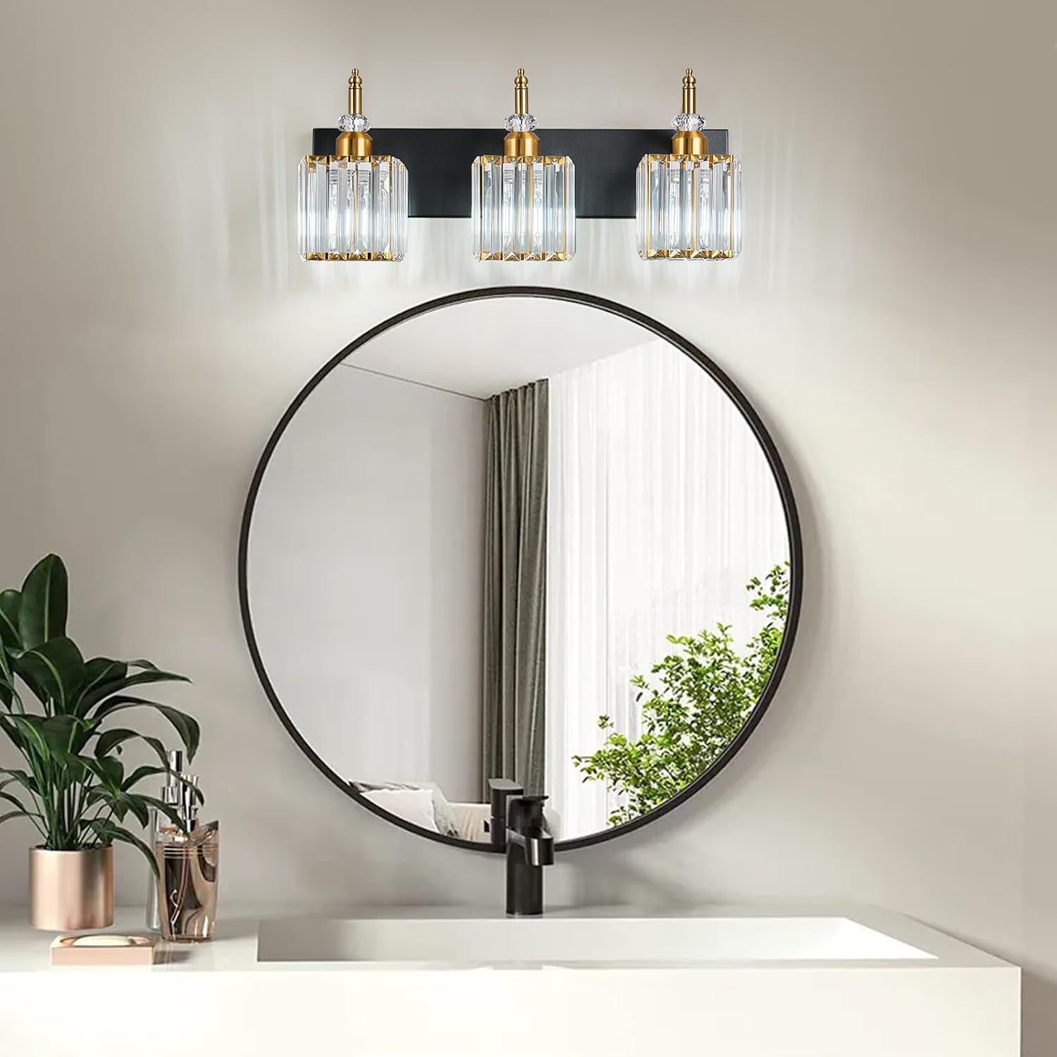 Modern Bathroom Vanity Light 3-Light Black and Gold Crystal Light Fixtures Over Mirror for Bathroom Wall Sconce