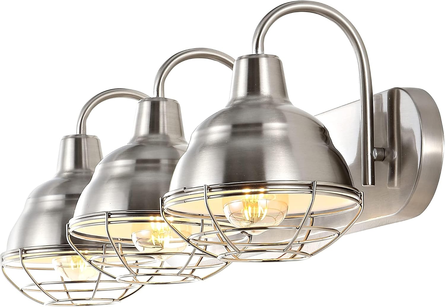 JONATHAN Y 24.5' Nickel 3-Light Industrial Farmhouse Vanity Light for Bathroom Mirror, Rustic Metal Wall Sconce Fixture, Iron Caged Shade, LED Bulbs Included (JYL1120B)