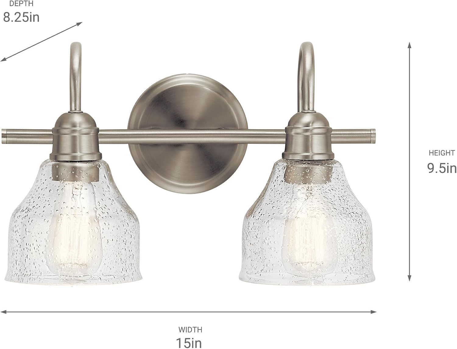 Kichler Avery 14.75' 2 Light Bathroom Vanity Light in Brushed Nickel, Vintage Bathroom Wall Mount Fixture with Clear Seeded Glass, (14.75' W x 9.25' H), 45972NI
