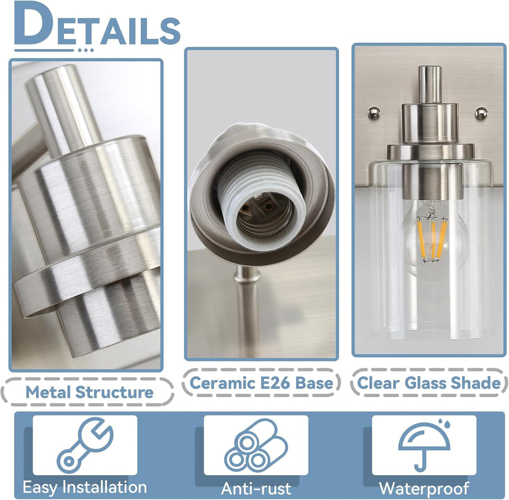 LOUSACE 4 Light Bathroom Vanity Light Brushed Nickel, Bathroom Lighting Fixtures with Clear Glass Shades Over Vanity Mirror, Modern Wall Sconces Fixtures for Bedroom Living Room, E26 Socket