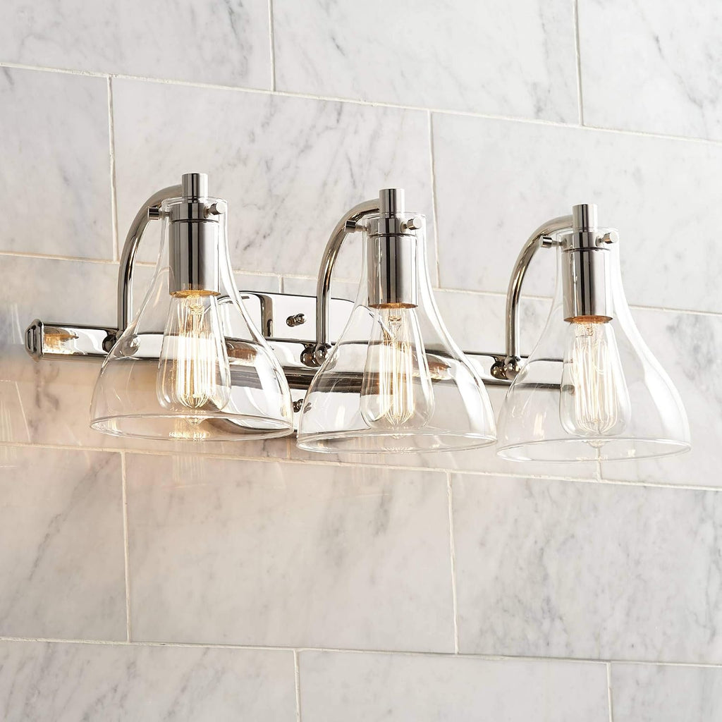 Possini Euro Design Sorren Industrial Modern Wall Light Polished Chrome Silver Hardwired 20 1/2' 3-Light Fixture Curving Clear Glass Shade for Bedroom Bedside Bathroom Vanity Living Room Hallway