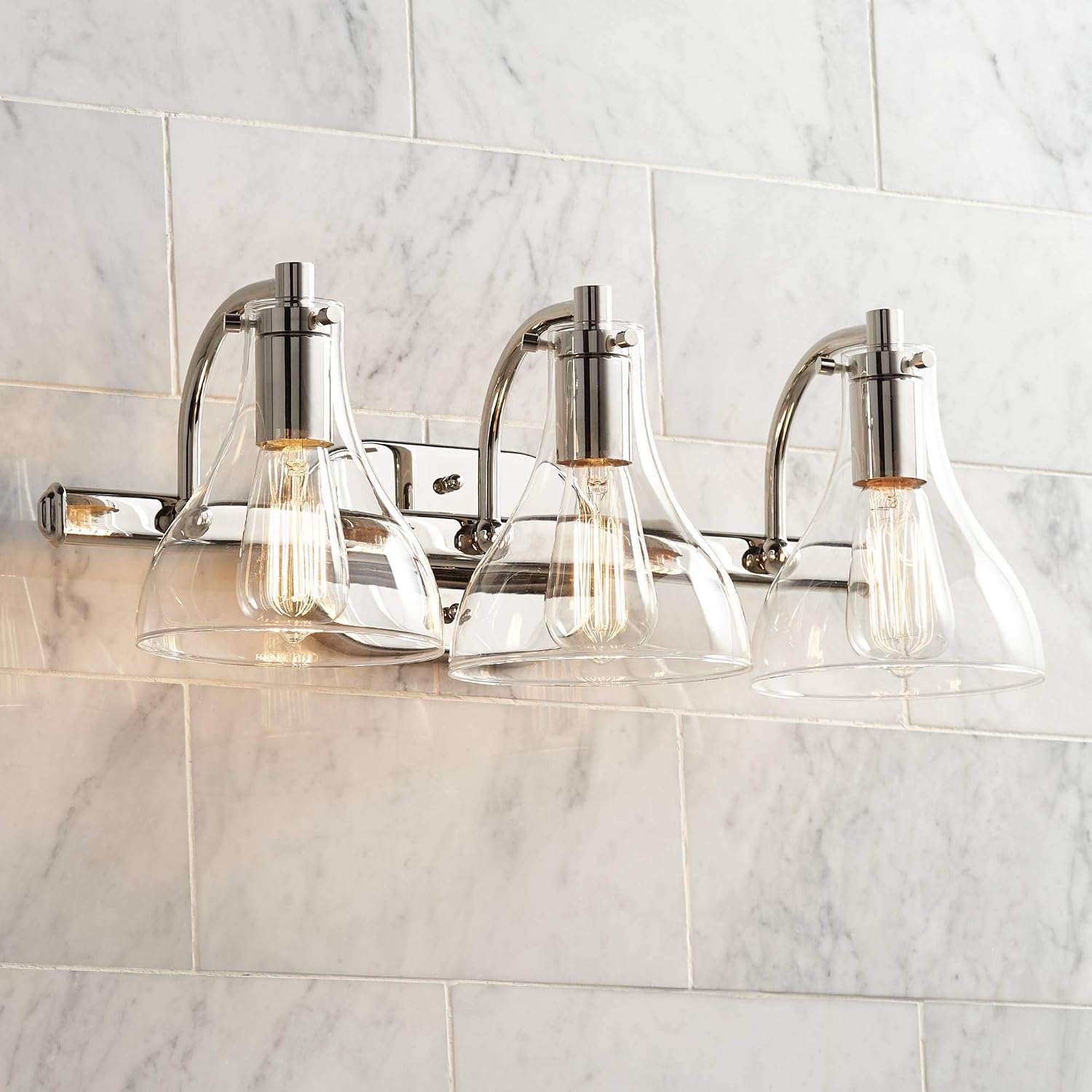 Possini Euro Design Sorren Industrial Modern Wall Light Polished Chrome Silver Hardwired 20 1/2' 3-Light Fixture Curving Clear Glass Shade for Bedroom Bedside Bathroom Vanity Living Room Hallway