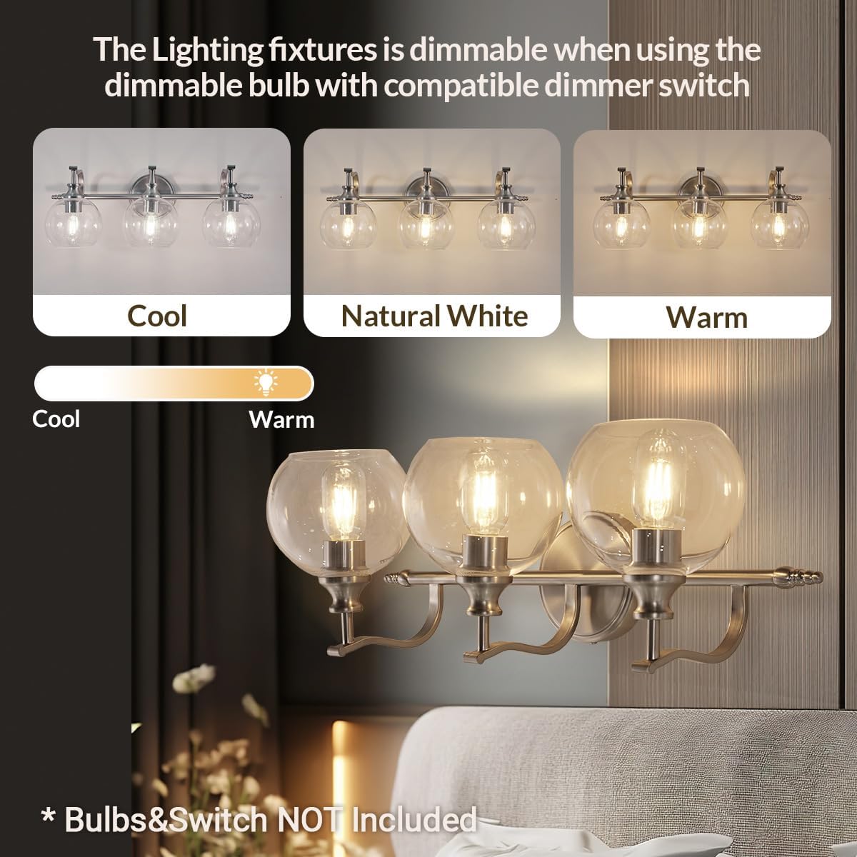 ANDY STAR 3 Light Bathroom Vanity Light, Brushed Nickel Bathroom Light Fixture, Modern Wall Sconces with Globe Clear Glass Shade, Wall Mounted Bathroom Light Over Mirror for Living Room, Foyer