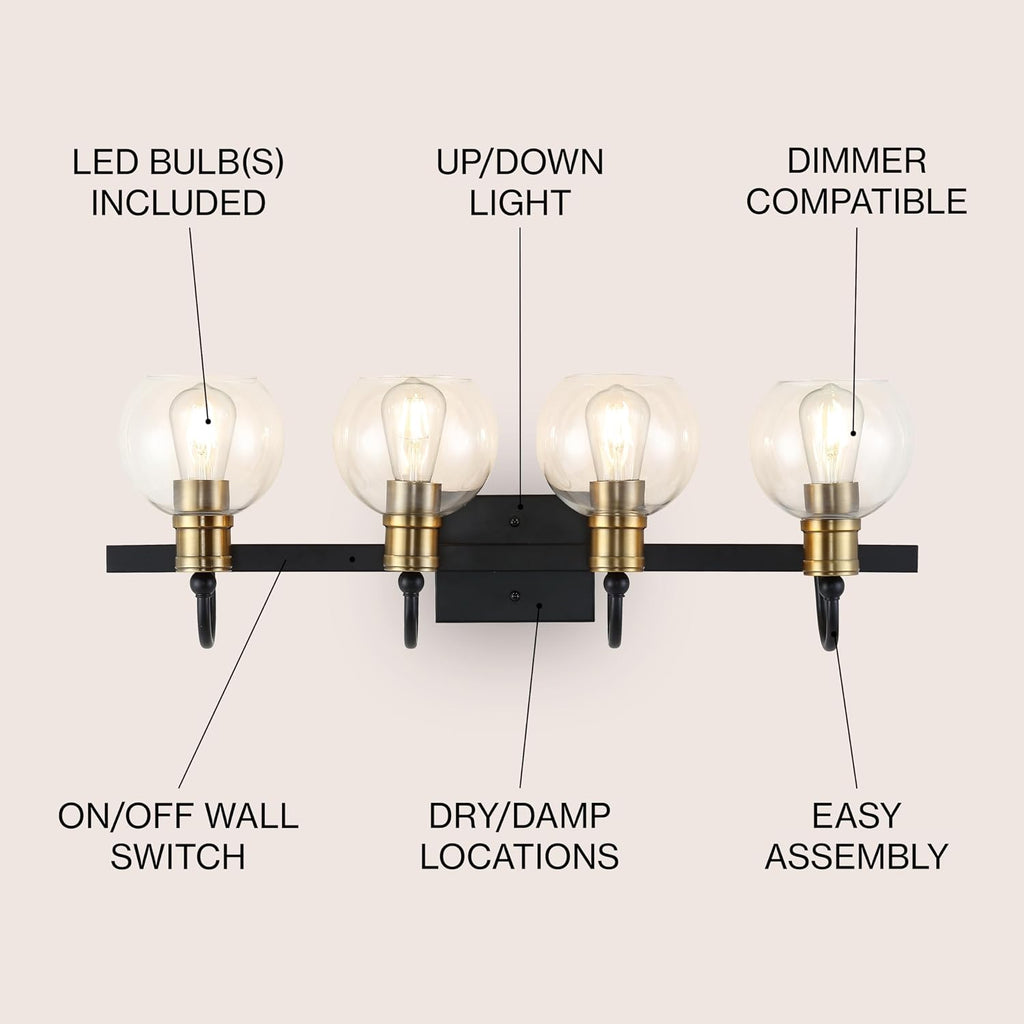 JONATHAN Y 29.75' Black/Brass Gold Vintage Wall Sconce, LED Vanity Light for Bathroom Bedroom Entryway, Clear Glass Globe Shade, Modern Industrial Arched Lamp, LED Bulb Included (JYL3529A)