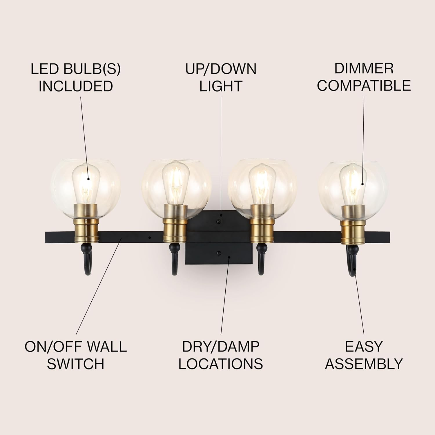 JONATHAN Y 29.75' Black/Brass Gold Vintage Wall Sconce, LED Vanity Light for Bathroom Bedroom Entryway, Clear Glass Globe Shade, Modern Industrial Arched Lamp, LED Bulb Included (JYL3529A)