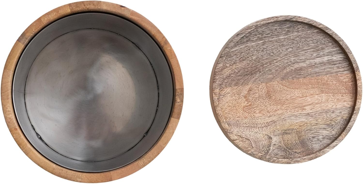 Creative Co-Op 3.75-Quart Mango Wood and Stainless Steel Ice Bucket with Lid, Natural