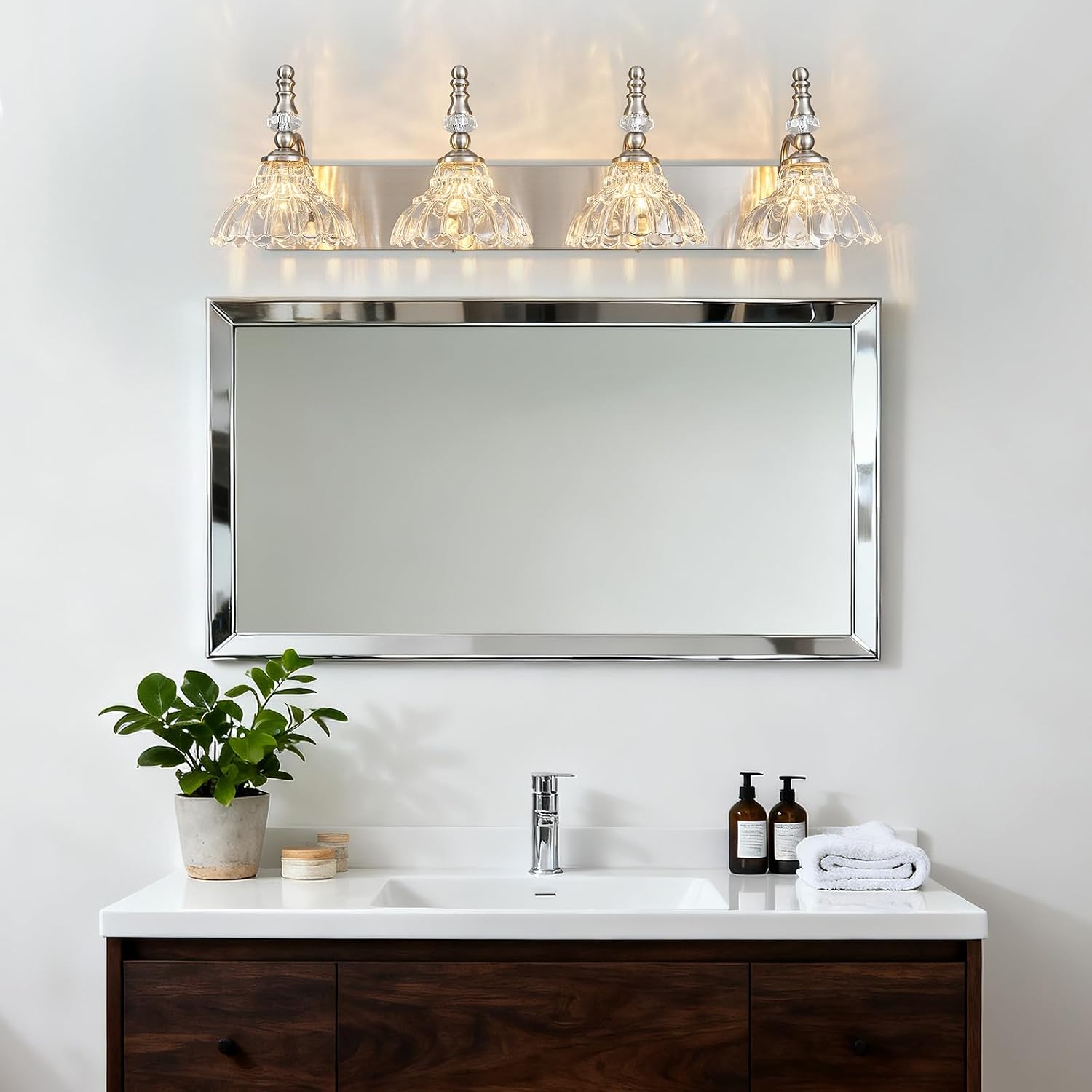Vintage Bathroom Vanity Light, 4-Light Brushed Nickel Vanity Lighting Fixture with Flower Glass Shade, Bathroom Lighting Fixtures Over Mirror